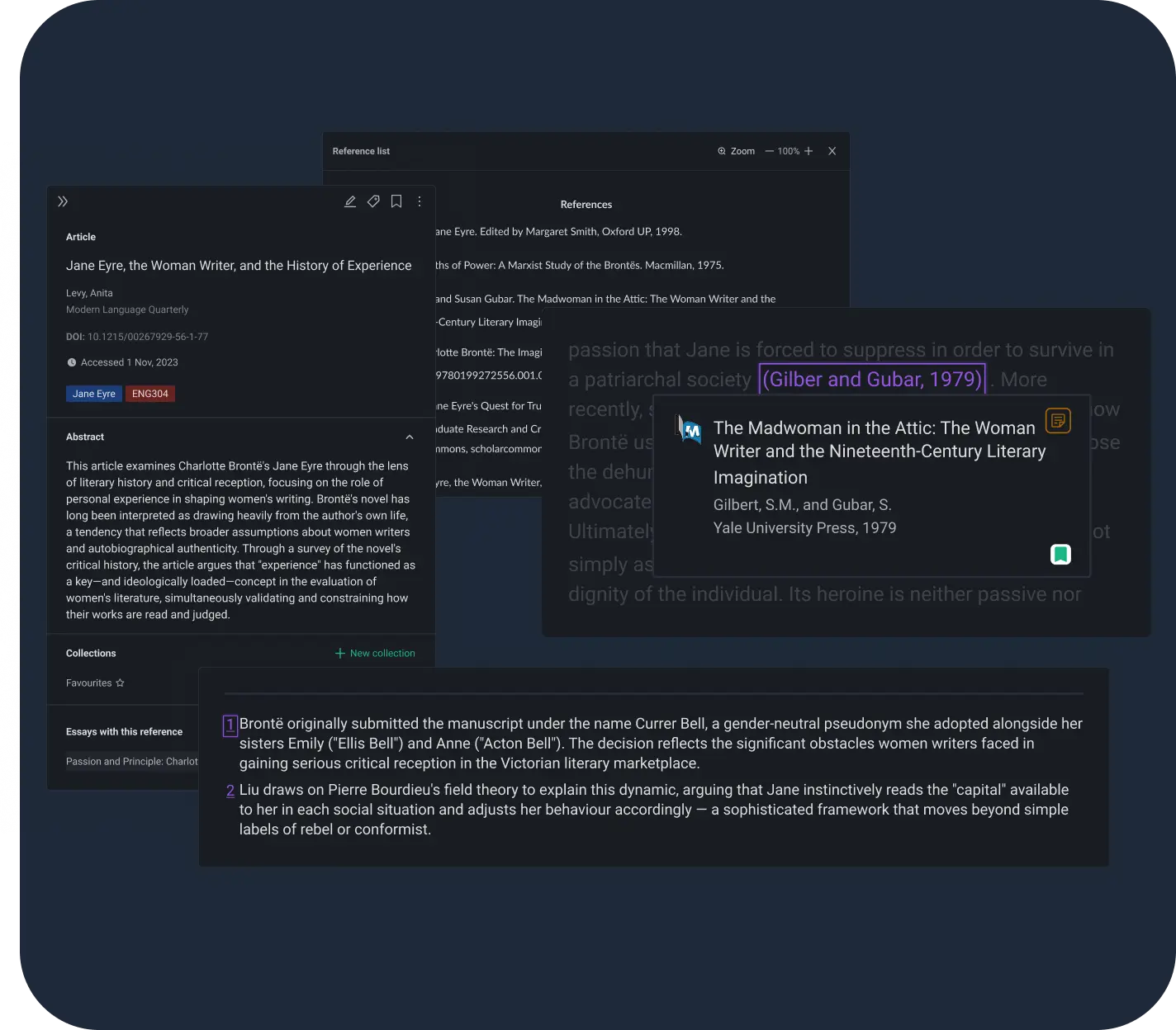 Reference manager showing citation cards, collections, and tags