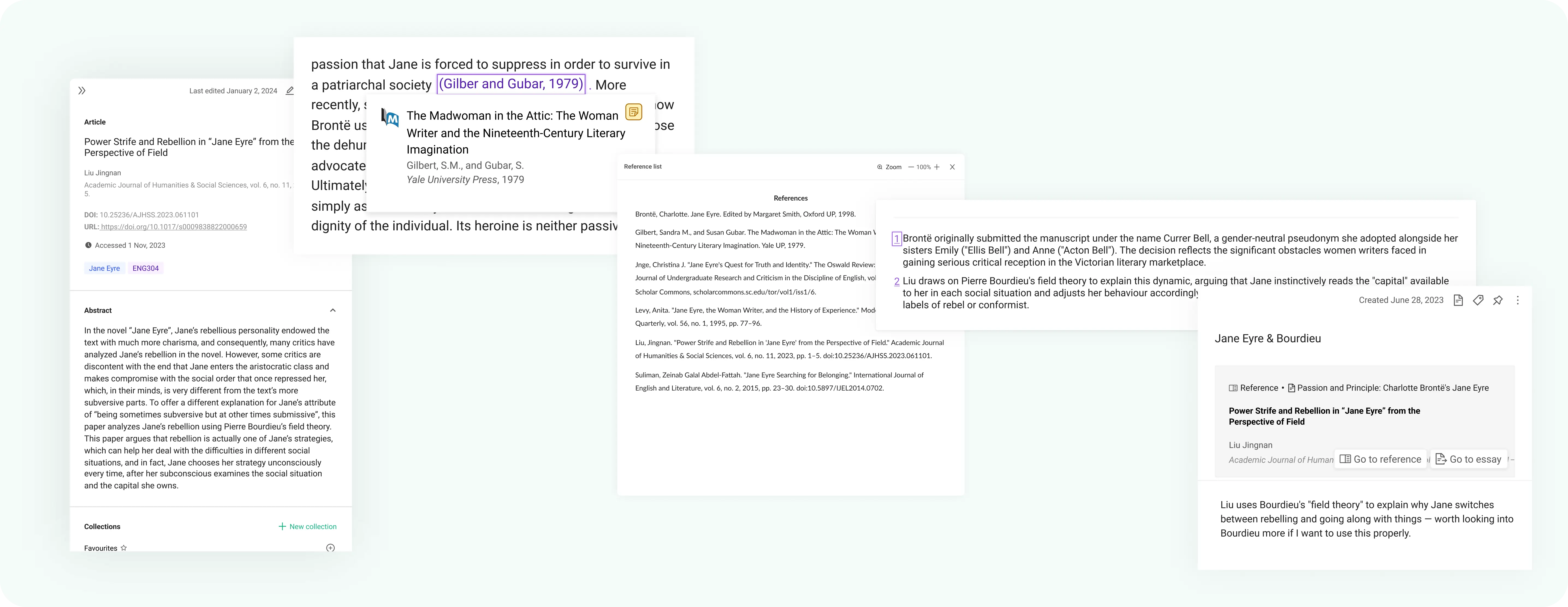 Reference manager showing citation cards, collections, and tags